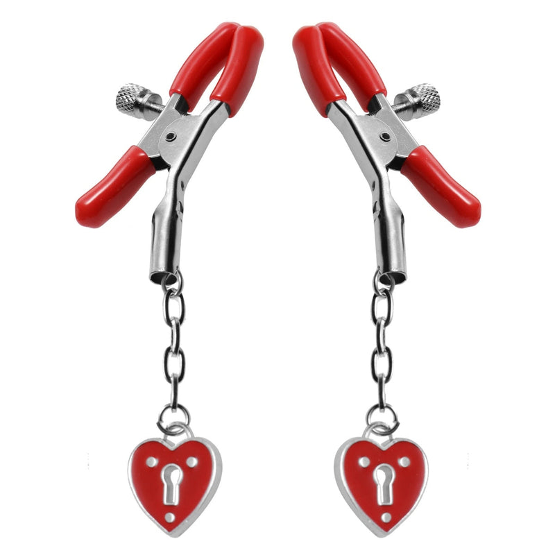 Load image into Gallery viewer, Master Series Captive Heart Padlock Nipple Clamps Red Silver
