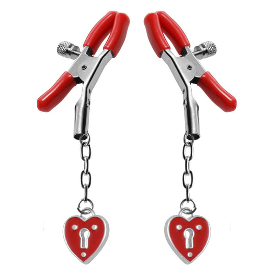 Master Series Captive Heart Padlock Nipple Clamps Red Silver