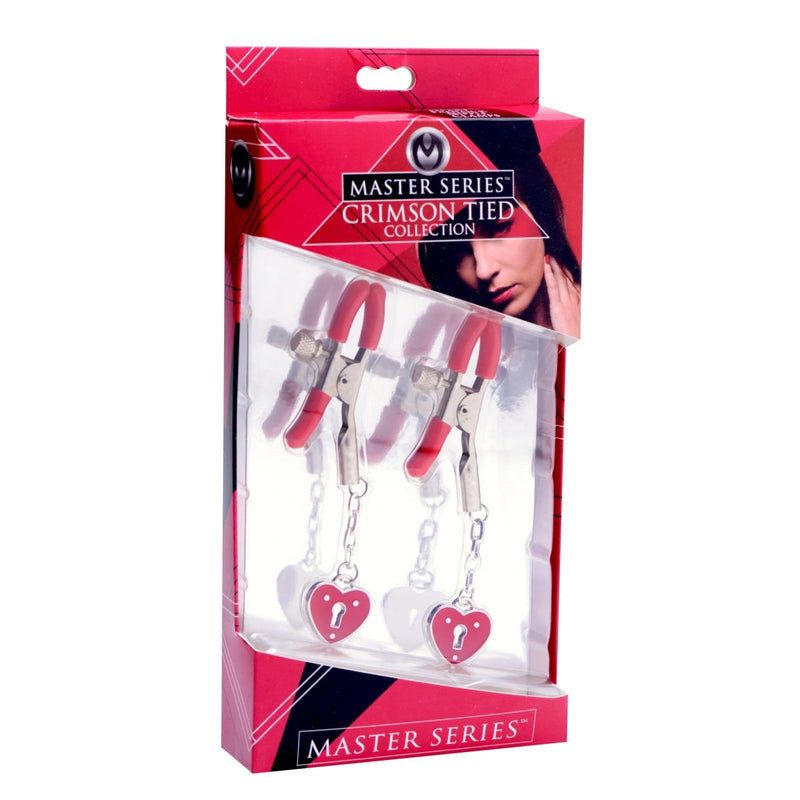 Load image into Gallery viewer, Master Series Captive Heart Padlock Nipple Clamps Red Silver
