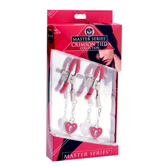 Master Series Captive Heart Padlock Nipple Clamps Red Silver