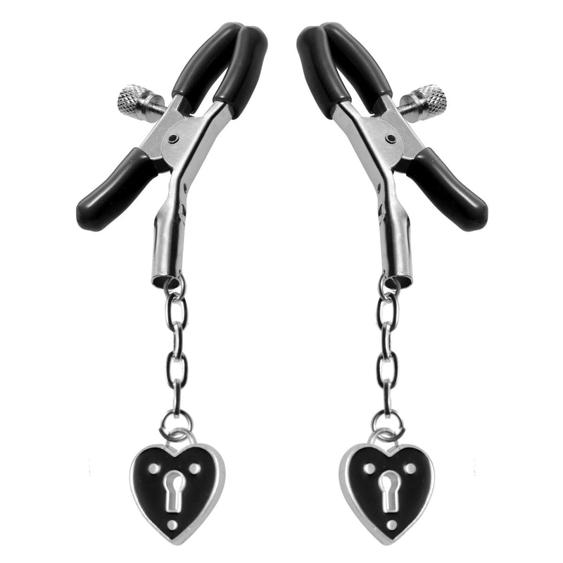 Load image into Gallery viewer, Master Series Charmed Heart Padlock Nipple Clamps Black Silver

