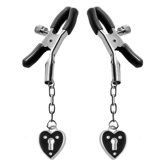 Master Series Charmed Heart Padlock Nipple Clamps Black Silver