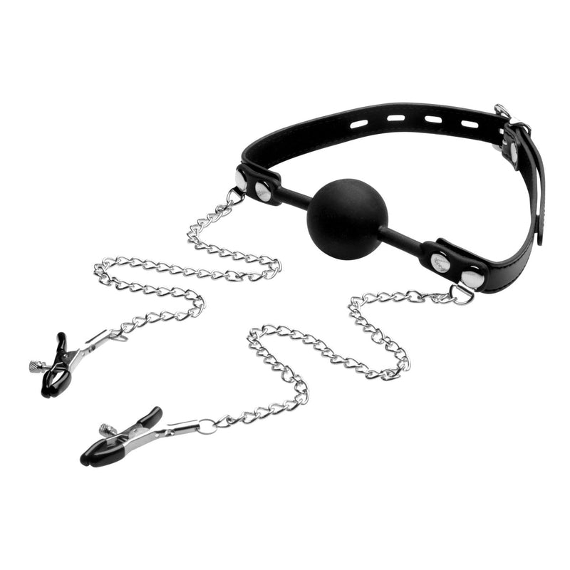 Load image into Gallery viewer, Strict Silicone Ball Gag With Nipple Clamps Black Silver
