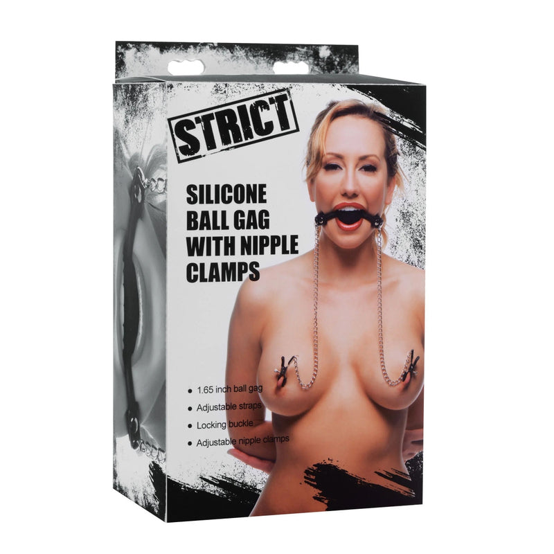 Load image into Gallery viewer, Strict Silicone Ball Gag With Nipple Clamps Black Silver
