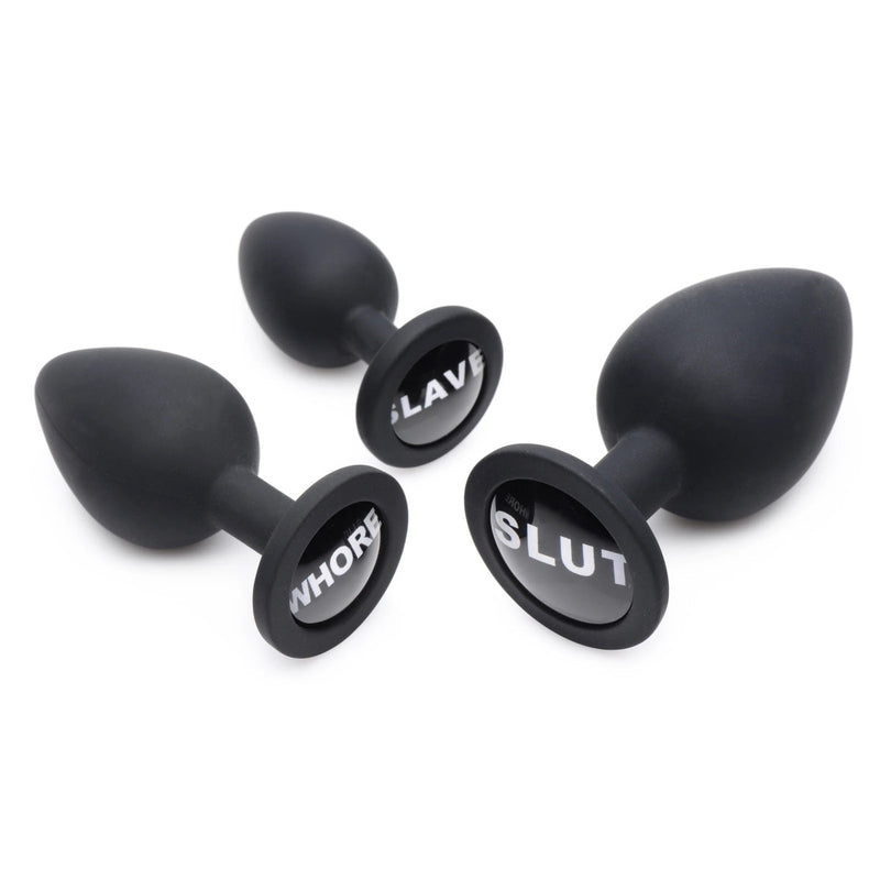Load image into Gallery viewer, Master Series Dirty Words Butt Plug Set Black
