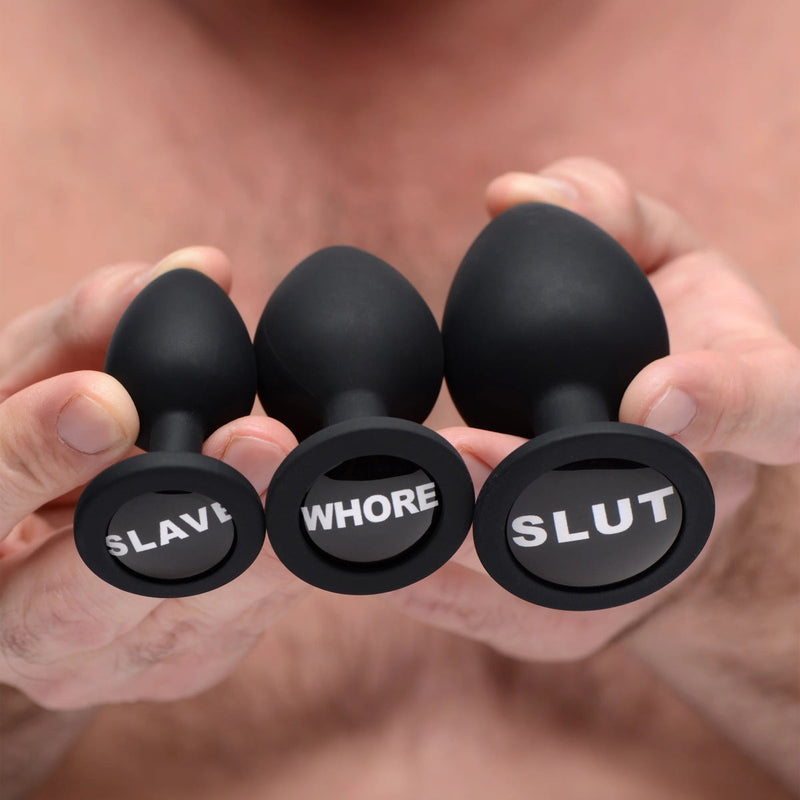 Load image into Gallery viewer, Master Series Dirty Words Butt Plug Set Black
