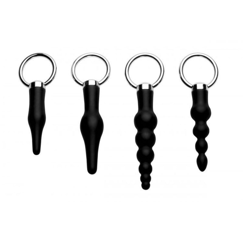 Load image into Gallery viewer, Master Series Ringed Rimmers 4 Piece Anal Ringed Butt Plug Set Silicone Black
