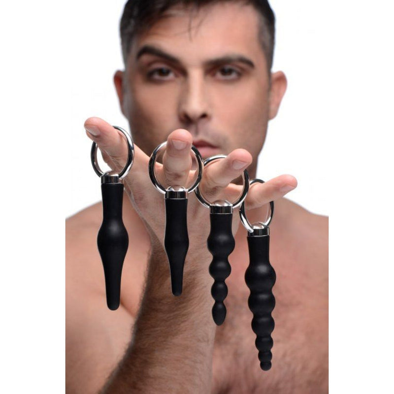 Load image into Gallery viewer, Master Series Ringed Rimmers 4 Piece Anal Ringed Butt Plug Set Silicone Black
