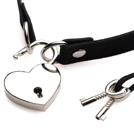 Master Series Lock-It Heart Lock & Key Choker Black Silver