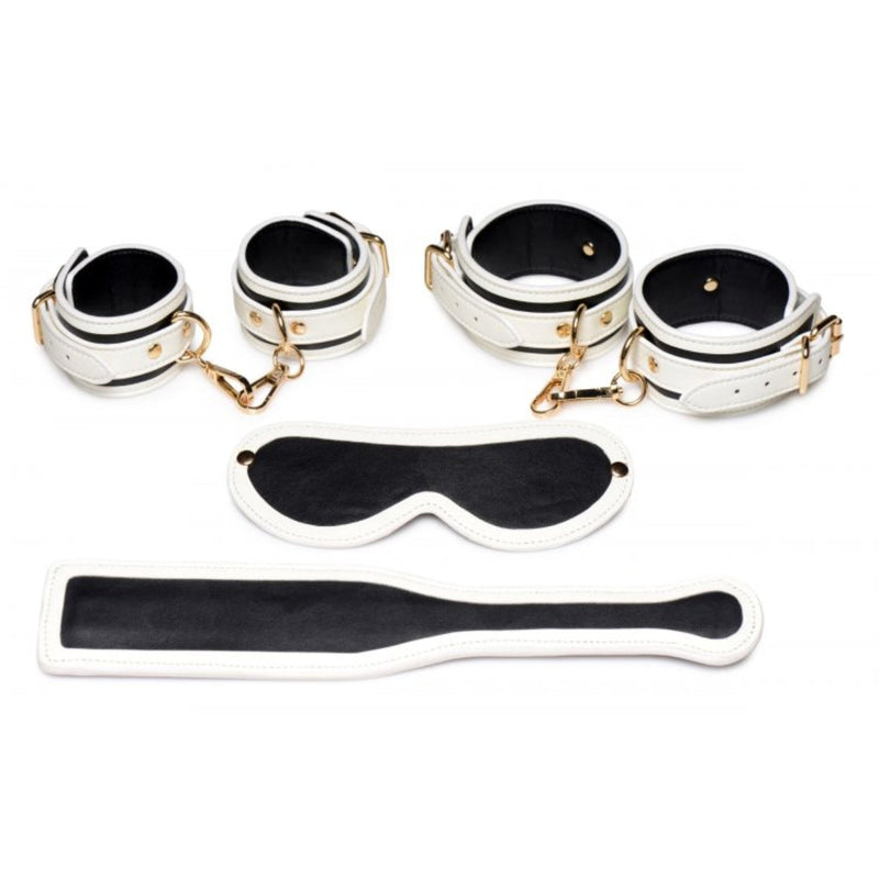 Load image into Gallery viewer, Master Series Kink In The Dark Glowing Cuffs Blindfold &amp; Paddle Bondage Set
