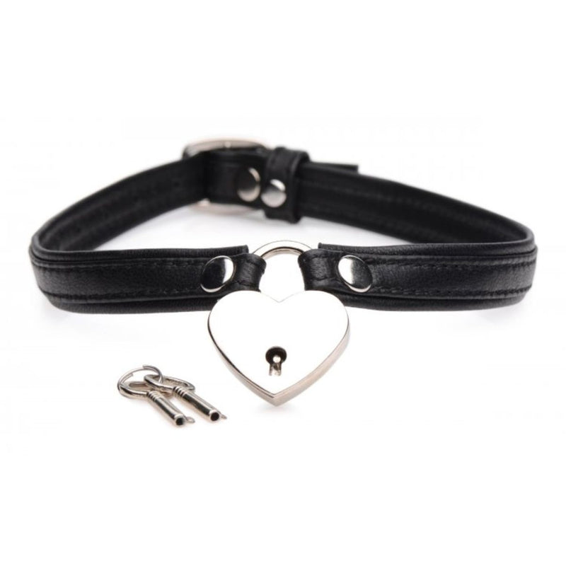 Load image into Gallery viewer, Master Series Heart Lock Leather Choker With Lock &amp; Key Black
