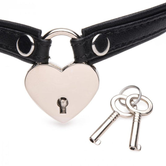 Master Series Heart Lock Leather Choker With Lock & Key Black