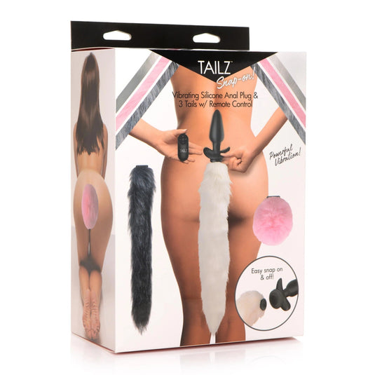 Tailz Snap-On Vibrating Silicone Butt Plug & 3 Tails With Remote Control White Grey Pink