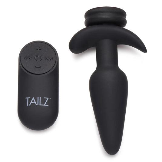 Tailz Interchangeable 10X Vibrating Silicone Butt Plug With Remote Black Small