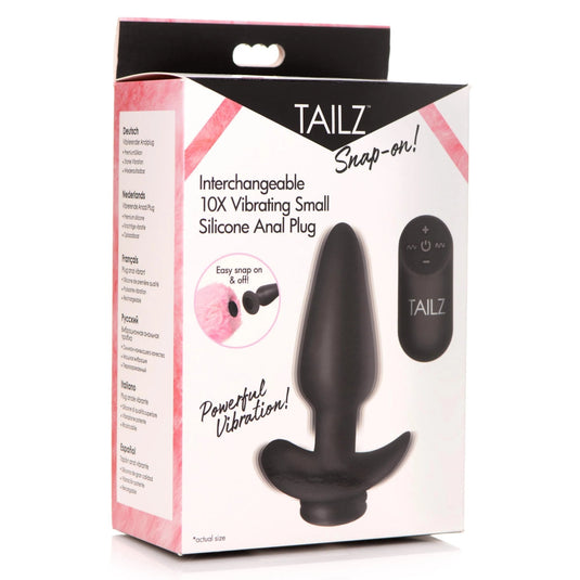 Tailz Interchangeable 10X Vibrating Silicone Butt Plug With Remote Black Small