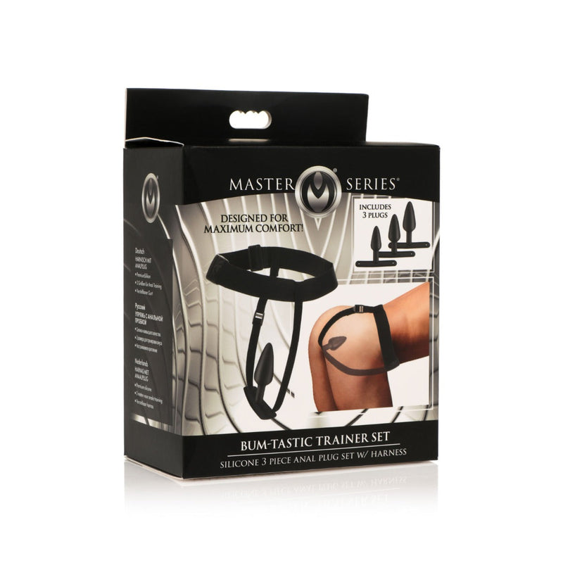 Load image into Gallery viewer, Master Series Bum-Tastic Trainer 3 Piece Anal Butt Plug Set With Harness Silicone Black
