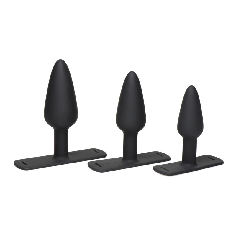 Load image into Gallery viewer, Master Series Bum-Tastic Trainer 3 Piece Anal Butt Plug Set With Harness Silicone Black
