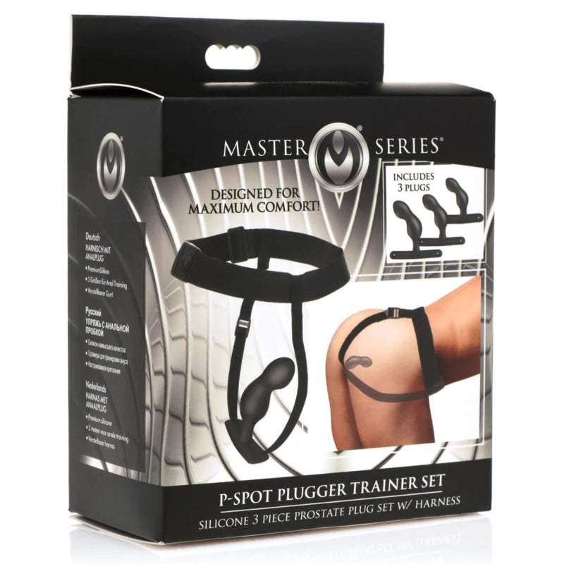 Load image into Gallery viewer, Master Series P-Spot Plugger Trainer Set Silicone 3 Piece Prostate Plug Set With Harness Black
