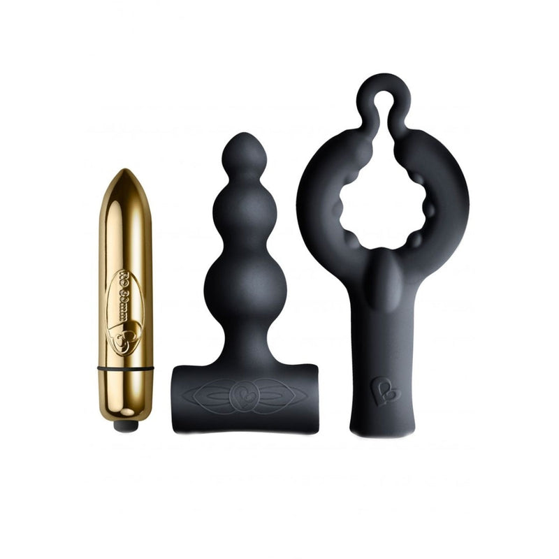 Load image into Gallery viewer, Rocks Off Silhouette Be Mine Vibrating Cock Ring &amp; Butt Plug Set Black Gold
