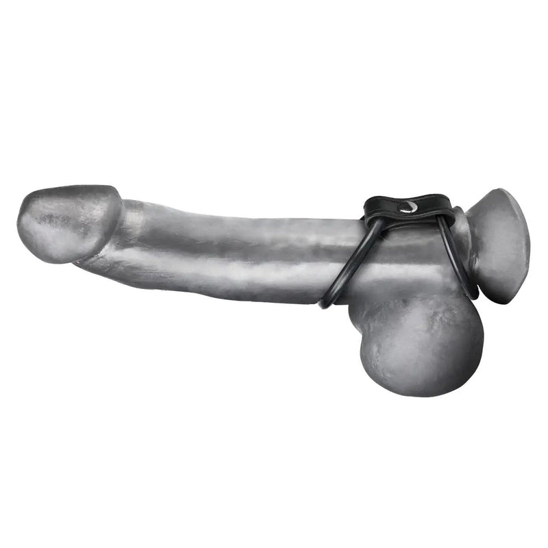 Load image into Gallery viewer, Side View Product On Dildo - Blue Line Duo Cock &amp; Ball Cock Ring Black - Simply Pleasure

