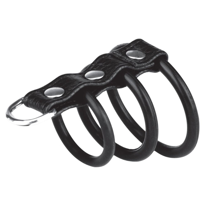 Load image into Gallery viewer, Blue Line 3 Ring Gates Of Hell Silicone Cock Ring With Leash Ring Black - Simply Pleasure
