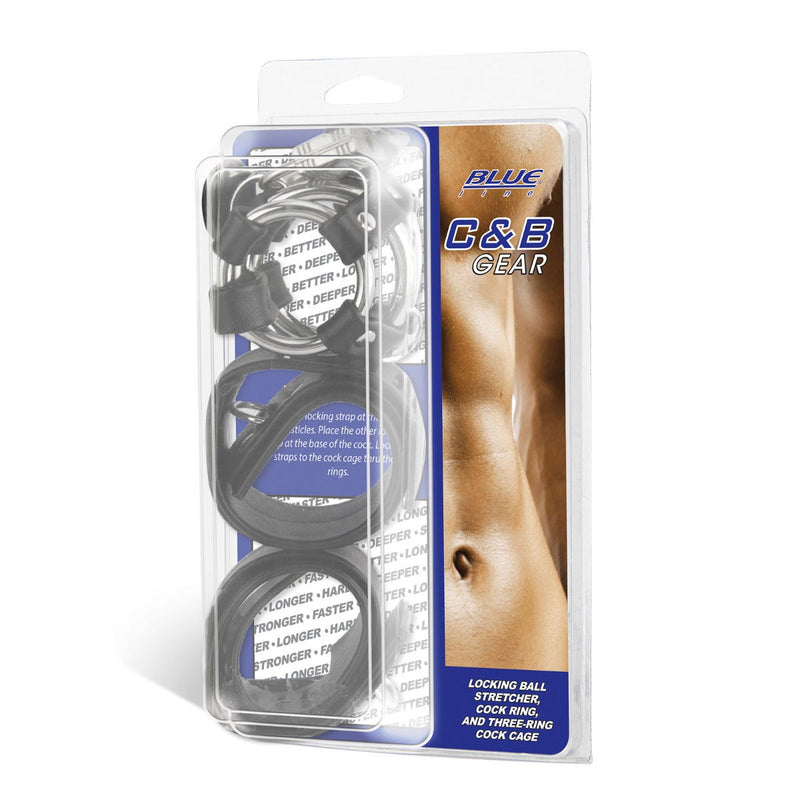 Load image into Gallery viewer, Blue Line Locking Ball Stretcher &amp; Cock Ring &amp; Three Ring Cock Cage Set Black - Simply Pleasure
