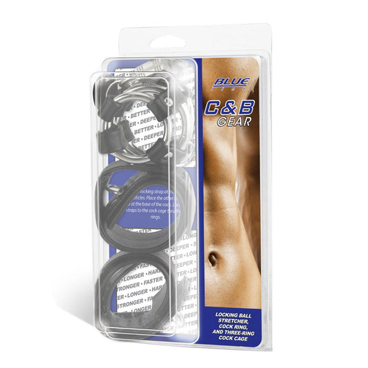 Blue Line Locking Ball Stretcher & Cock Ring & Three Ring Cock Cage Set Black - Simply Pleasure