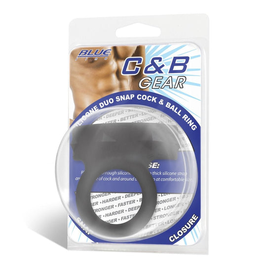 Front View Packaging - Blue Line Silicone Duo Snap Cock & Ball Ring Black  - Prowler UK - Gay Sex Toys