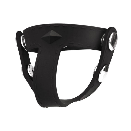 Front View Product - Blue Line Silicone T Style Cock Ring With Ball Divider Black  - Prowler UK - Gay Sex Toys