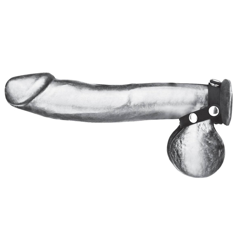 Load image into Gallery viewer, Side View Product On Dildo - Blue Line Silicone T Style Cock Ring With Ball Divider Black  - Prowler UK - Gay Sex Toys
