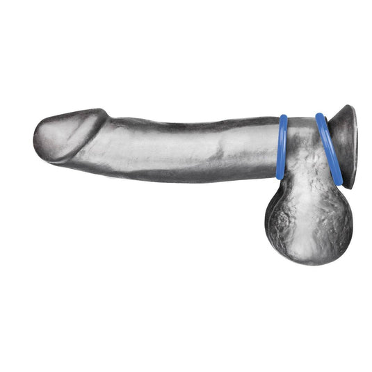 Side View Product On Dildo - Blue Line Silicone Cock Ring Set Blue - Simply Pleasure