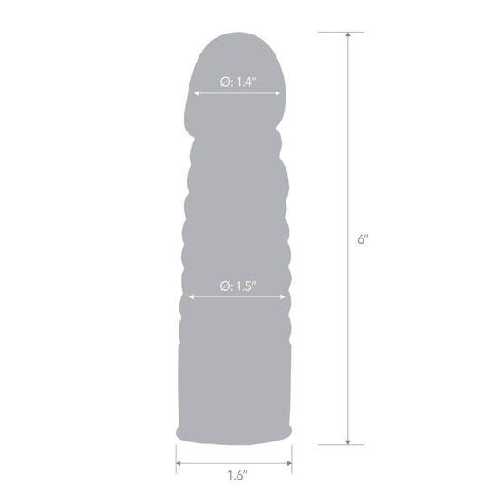 Product Image With Measurements - Blue Line Ribbed Realistic Penis Enhancing Sleeve Extension 6 Inch - Simply Pleasure