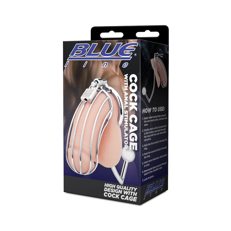 Load image into Gallery viewer, Blue Line Cock Cage With Anal Stimulator Silver - Simply Pleasure
