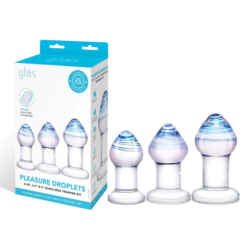 Load image into Gallery viewer, Glas Pleasure Droplets Anal Training Butt Plug Kit Clear 3.25 Inch 3.5 Inch 4 Inch
