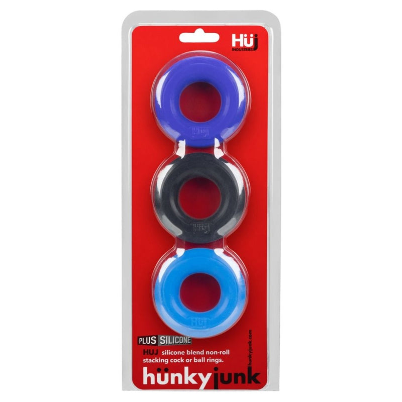 Load image into Gallery viewer, Hunkyjunk HUJ3 Cock Ring 3 Pack Blue Black
