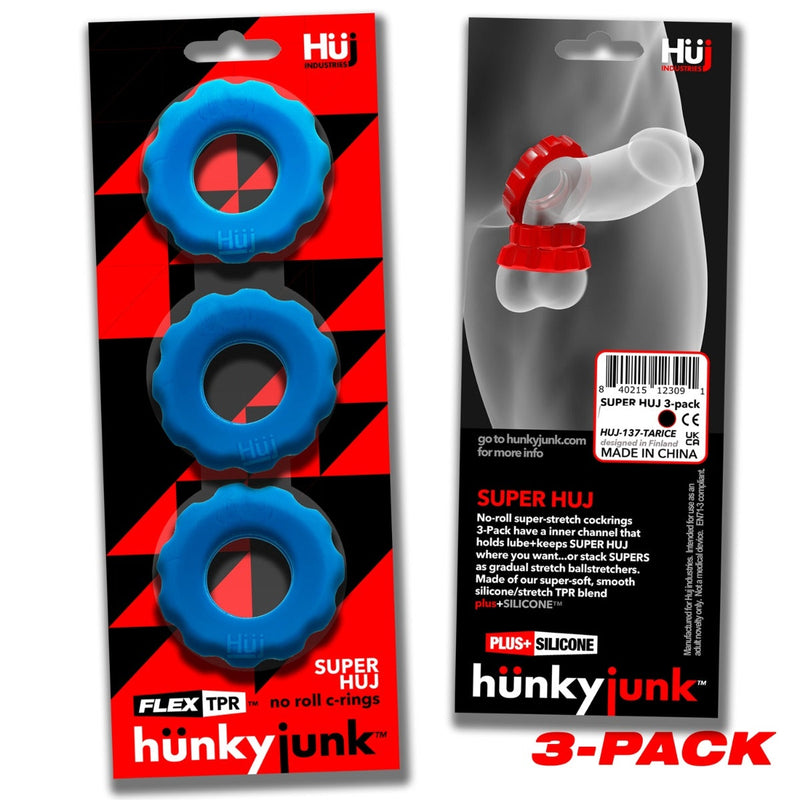 Load image into Gallery viewer, Hunkyjunk Super HUJ Cock Ring 3 Pack Teal Ice
