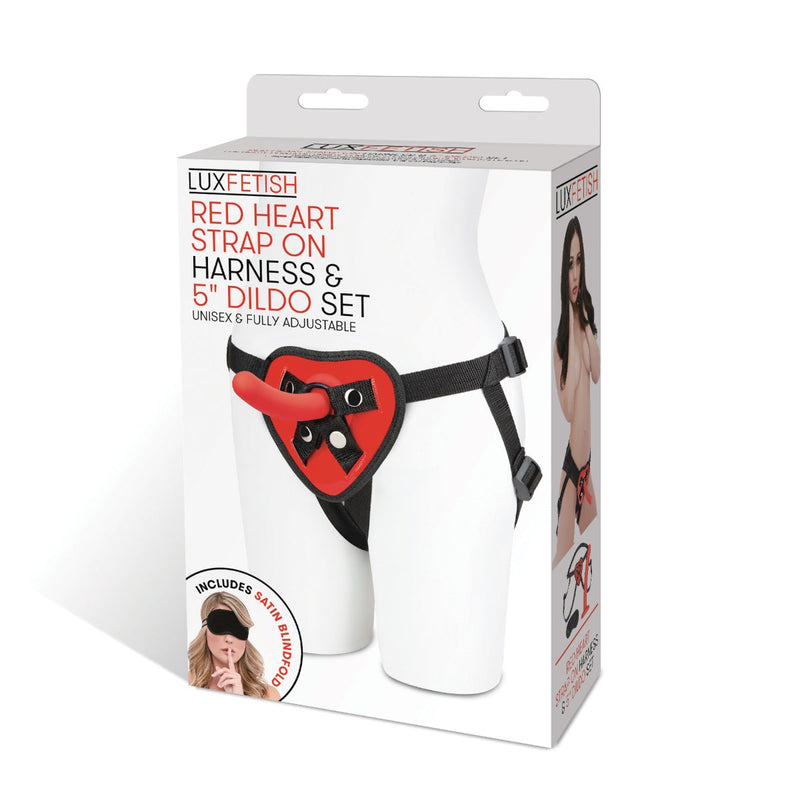 Load image into Gallery viewer, Lux Fetish Red Heart Adjustable Strap-On Harness &amp; 5 Inch Dildo Set Red Black
