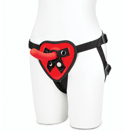 Lux Fetish Red Heart Adjustable Strap-On Harness & 5 Inch Dildo Set Red Black