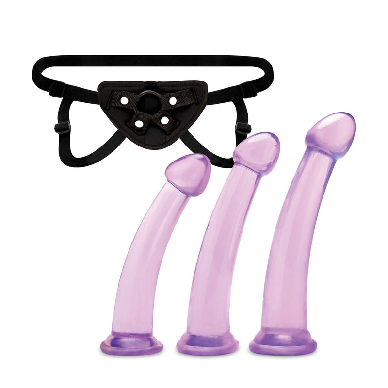 Load image into Gallery viewer, Lux Fetish Size Up 3 Piece Dildo &amp; Harness Pegging Training Set Black Purple
