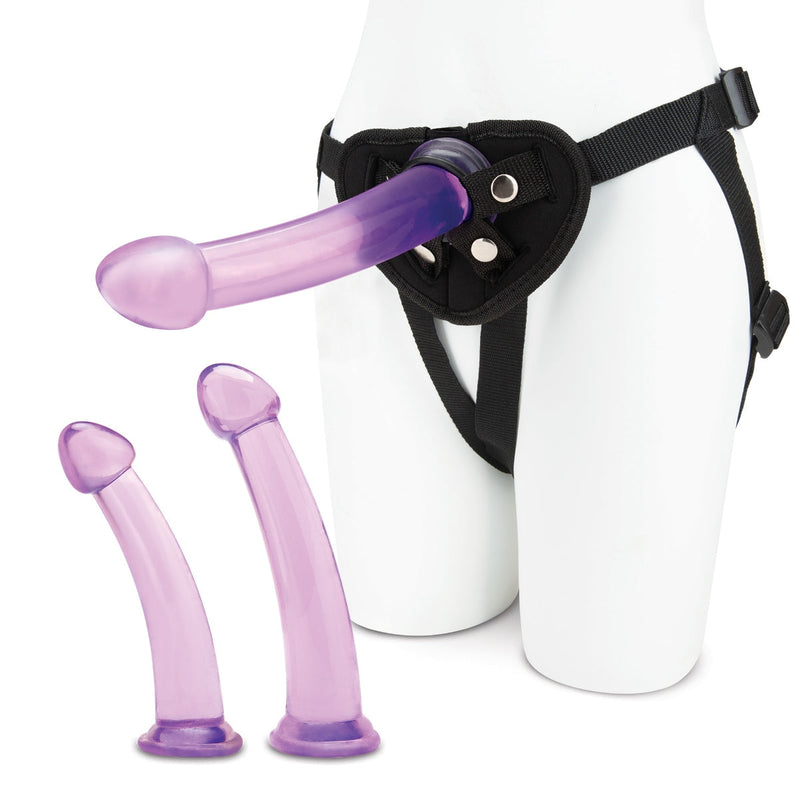Load image into Gallery viewer, Lux Fetish Size Up 3 Piece Dildo &amp; Harness Pegging Training Set Black Purple
