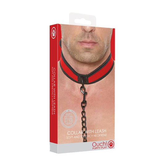 Ouch Puppy Play Neoprene Collar With Leash Black Red