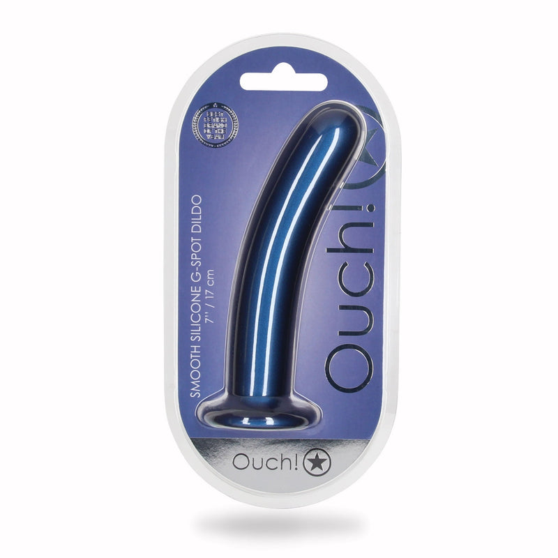 Load image into Gallery viewer, Ouch Smooth Silicone G-Spot Dildo Metallic Blue 7 Inch
