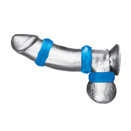 Blue Line Nuts & Bolts Stretch Cock Ring Set 3 Pack Blue - Simply Pleasure