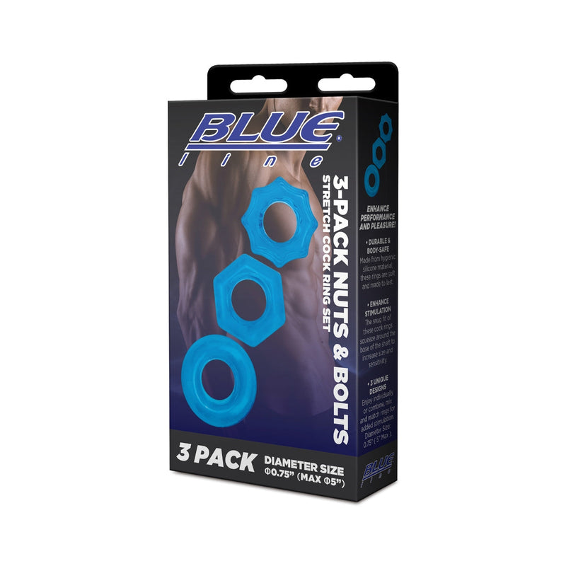 Load image into Gallery viewer, Blue Line Nuts &amp; Bolts Stretch Cock Ring Set 3 Pack Blue  - Prowler UK - Gay Sex Toys
