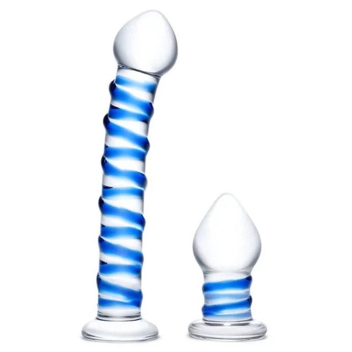 Glas Double Penetration Swirly Dildo And Butt Plug Set Blue 2.75 Inch 7 Inch  - Prowler UK - Gay Sex Toys