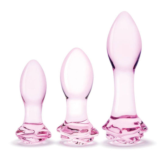 Glas Rosebud 3 Piece Butt Plug Set Pink 3.5 Inch 4 Inch 5.5 Inch - Simply Pleasure