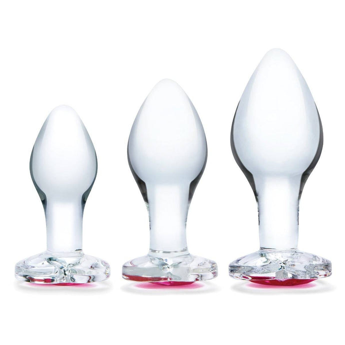 Front Product View - Glas Heart Jewel 3 Piece Anal Training Butt Plug Kit Clear 3 Inch 3.5 Inch 4 Inch  - Prowler UK - Gay Sex Toys