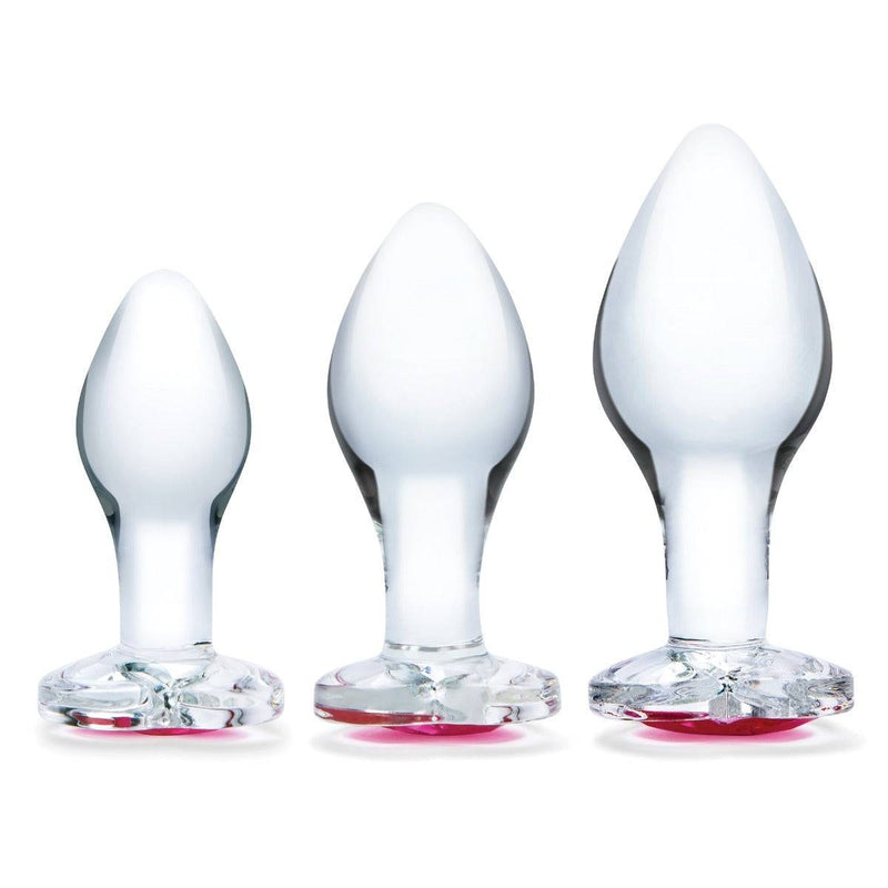 Load image into Gallery viewer, Front Product View - Glas Heart Jewel 3 Piece Anal Training Butt Plug Kit Clear 3 Inch 3.5 Inch 4 Inch - Simply Pleasure
