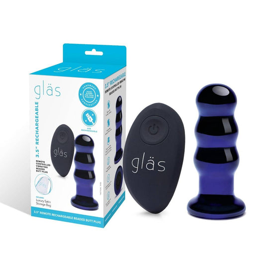 Glas Rechargeable Remote Controlled Vibrating Beaded Butt Plug Blue 3.5 Inch  - Prowler UK - Gay Sex Toys