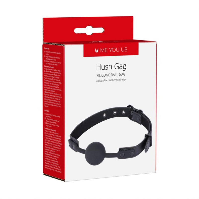 Load image into Gallery viewer, Front Side View Packaging - Me You Us Hush Silicone Ball Gag Black - Simply Pleasure
